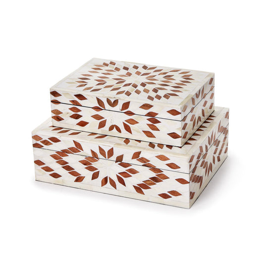 Bone and Acacia Wood Hinged Covered Boxes