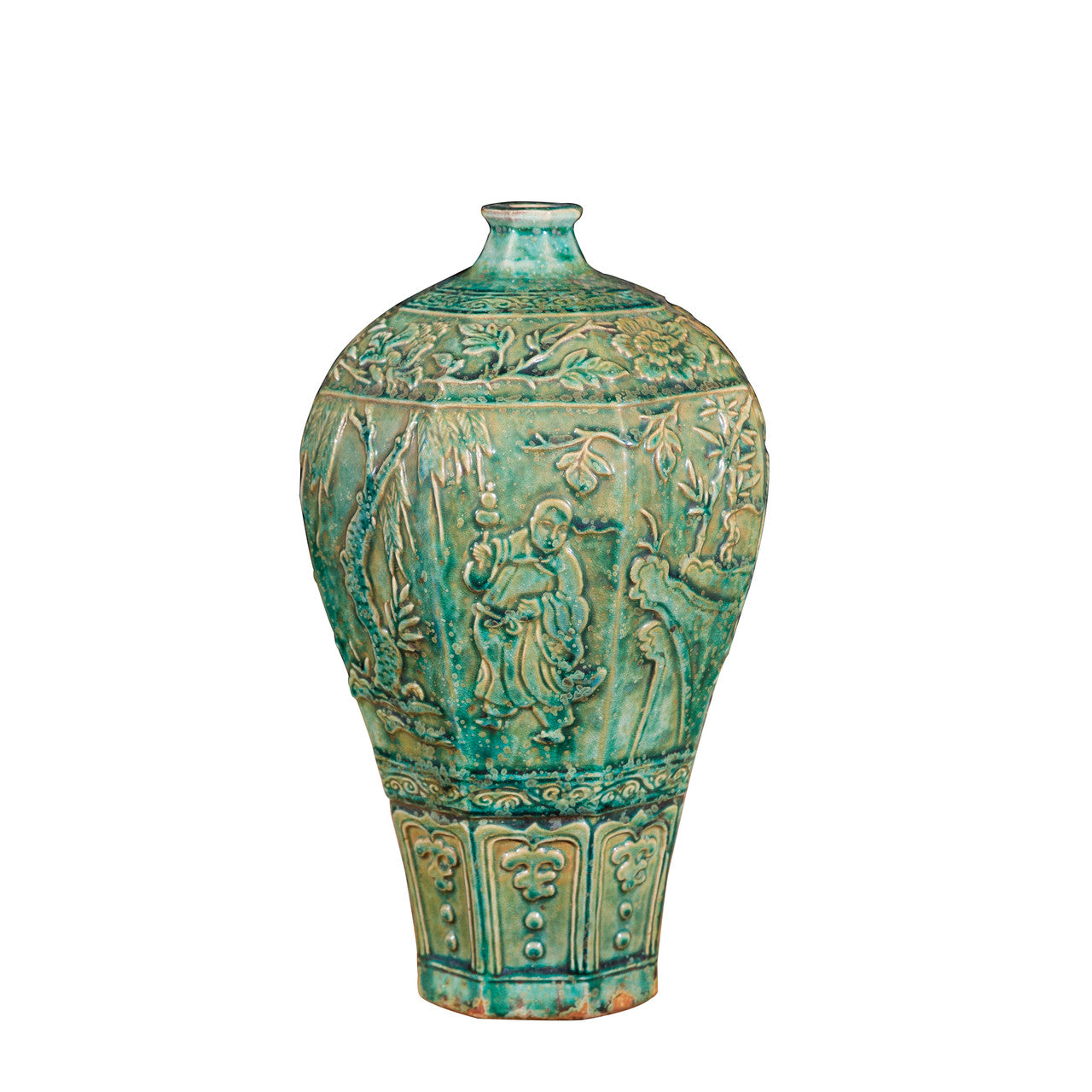 Speckled Green Carved People Octagonal Plum Vase