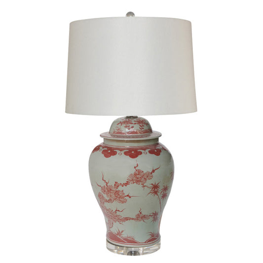 Coral Red Plum Tree Temple Jar Lamp