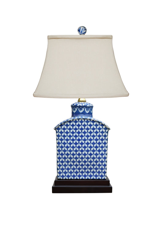 Blue & White Porcelain Fish Scale Flat Jar Lamp