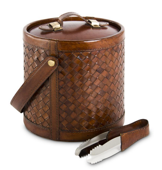 Tan Leather Basket Weave Ice Bucket w/Tongs